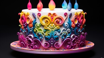A birthday cake covered in rainbow-colored fondant, featuring intricate designs and creating a whimsical centerpiece for the celebration.