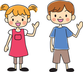 Fototapeta premium Simple illustration of a girl and a boy waving hands