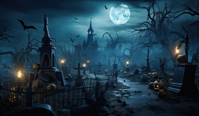 fondo de cementerio con tumbas, edificios y cruces durante la noche con luna llena y pájaros negros sobrevolándolo. concepto halloween - obrazy, fototapety, plakaty