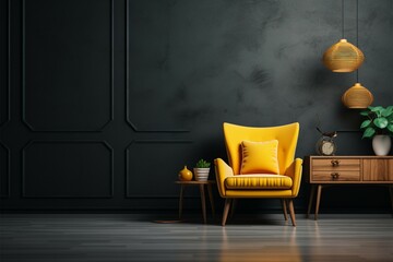 Bold contrast A yellow armchair against a black wall in darkness