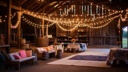 Fototapeta na wymiar A charming and rustic barn venue transformed into a birthday party space, with string lights and colorful decorations.
