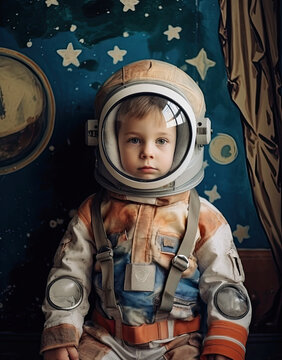 niño disfrazado de astronauta en salon de vivienda decorado con estrellas, concepto halloween 