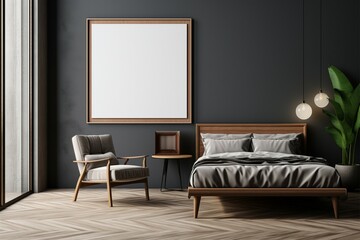 Bed, armchair, and an empty frame in a modern bedroom