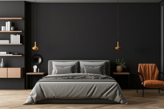 Black wall in a contemporary bedroom mock up for your design