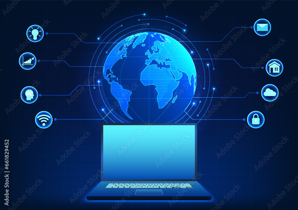 Poster computer technology on the back of a globe with connected icons it represents a computer used to acc