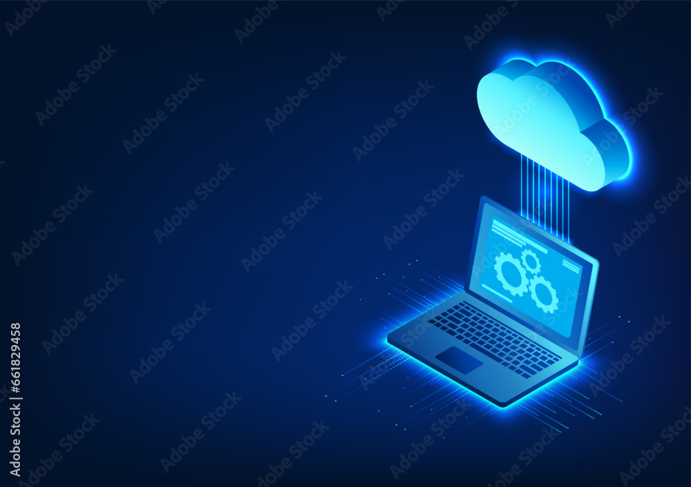 Fototapete computer technology linked to the clouds above along with technology circuit it means uploading data