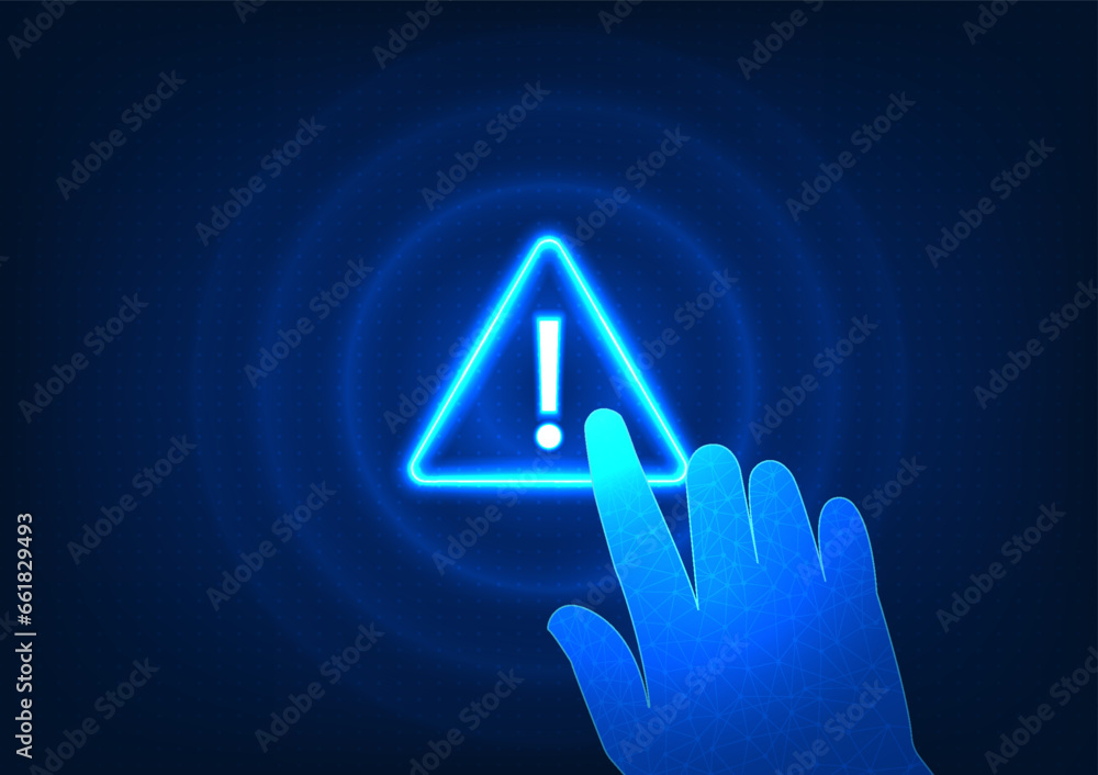 Poster notification technology the hand pressing the alert symbol indicates a system notification of a tech