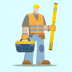 Man builder in full growth, in the hands of a toolbox and a level, stylized flat illustration, grain style