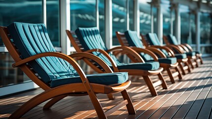 Wooden deck chairs neatly aligned on a cruise ship - obrazy, fototapety, plakaty