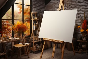 Cozy room with a horizontal canvas on a wooden easel