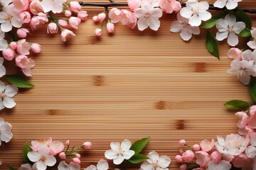 Fototapeta na wymiar Celebrate spring with a cherry blossom frame on bamboo background