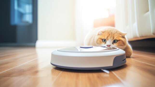 Funny cat looking on the robot with a vacuum cleaner in the living room at home with sofa. Rides the cleaner on wooden floor.