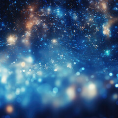 Abstract banner with dark blue backdrop and illuminated bokeh particles in multi colors.