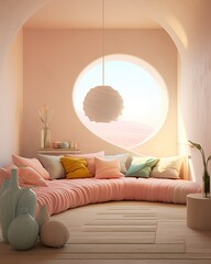 A dreamy pastel bedroom with a circular window, adorned with a pink couch and cozy linens, lit up by a floor lamp and mirrored in a round wall, inviting relaxation and chic design