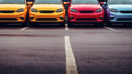 neat row of cars, each in a different hue, creating a colorful palette in the parking area