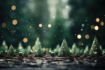 Christmas trees in the snow with bokeh background. 3d rendering. A Cozy lime green Christmas...