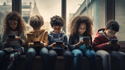 An intercultural assemblage of 8-10 year olds, stationed on a windowsill, engrossed in virtual phone games, oblivious to reality. - obrazy, fototapety, plakaty