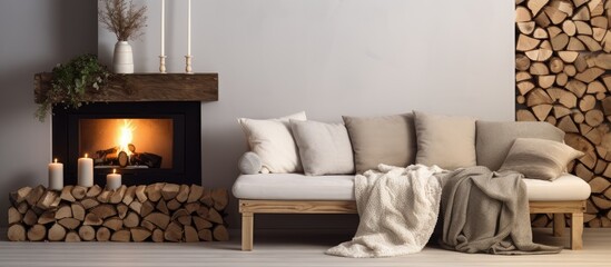 Minimalist winter interior design with wooden accessories warm colors and fire logs With copyspace for text