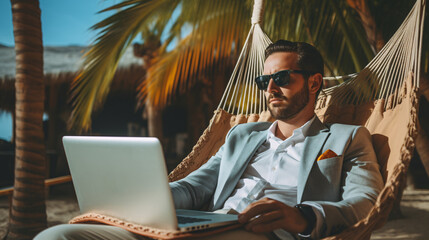 A laptop-using gentleman is lounging in a hammock on the shore.