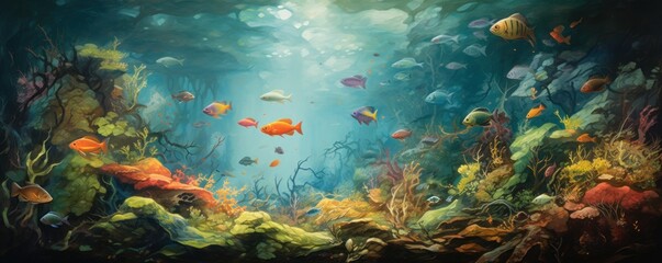 Fish in freshwater aquarium with beautiful planted tropical. Colorful art back - obrazy, fototapety, plakaty