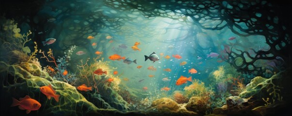 Naklejka na ściany i meble Fish in freshwater aquarium with beautiful planted tropical. Colorful art back