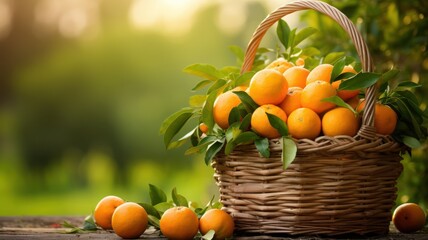 traditional bamboo basket filled with fresh oranges, set against the soft-focus backdrop of an orange orchard