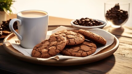 comforting scene of coffee paired with homemade chocolate cookies, set on a white background for a minimalist look