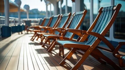 Wooden deck chairs neatly aligned on a cruise ship - obrazy, fototapety, plakaty