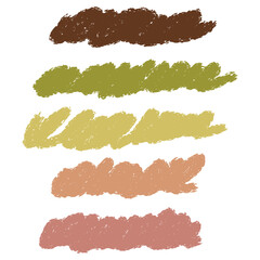 A set of hand paint stains, natural color palette, green, brown and yellow colors. Color pencil, marker brush strokes