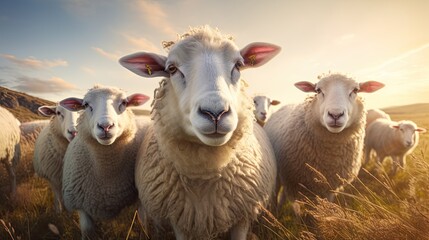 Fototapeta premium Flock of sheep grazing in a hill at sunset. group of sheep on field