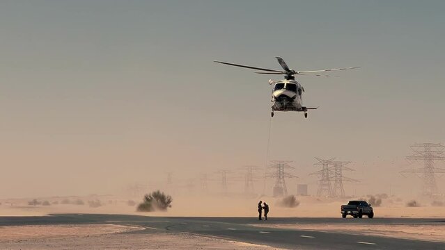 Silhouette of military soldiers in action rappelling climb down from helicopter with military mission secure training.