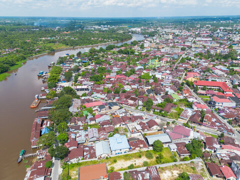 Aerial View of Pekanbaru city skyline. The capital city of Riau province with many residential buildings.