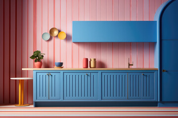 an interior of a kitchen with blue, pink and yellow striped walls, pastel toned