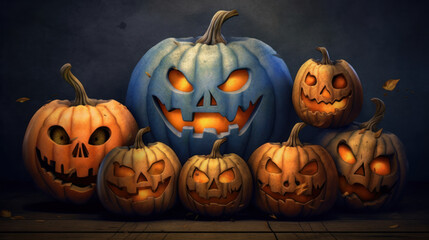Illustration of a halloween pumpkins in dark blue colours
