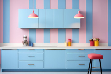 an interior of a kitchen with blue, pink and yellow striped walls, pastel toned
