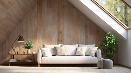 A 3D rendering of a loft space featuring white and timber panels, stairs, a concrete floor, and a cozy white couch.