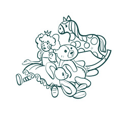 toys doll bear horse vector sketch simple doodle hand drawn line illustration isolated abstract sign symbol clip art
