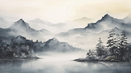 Fototapeta premium Abstract art landscape mountains ink painting