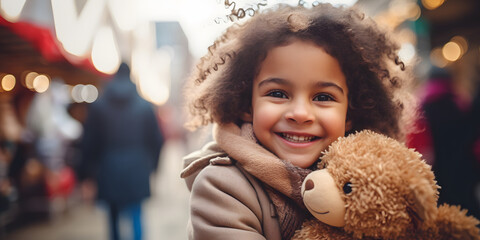 little girl with teddy bear at christmas, in outdoor park - obrazy, fototapety, plakaty