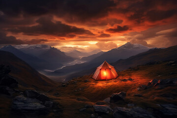 Fototapeta na wymiar Immerse yourself in the tranquility of nature with a radiant tent illuminating the mountain night. Ai generated