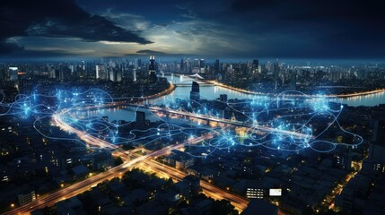 City scape with graphic of network concept background