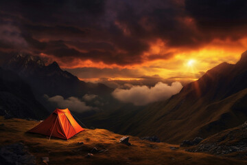 Immerse yourself in the tranquility of nature with a radiant tent illuminating the mountain night. Ai generated