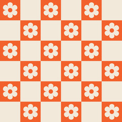 1960s, 1970s retro groovy checkered seamless pattern, 60s, 70s geometric and floral vector illustration