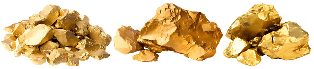 Collection of golden stones, raw and pure gold solid money decent vector realistic collection