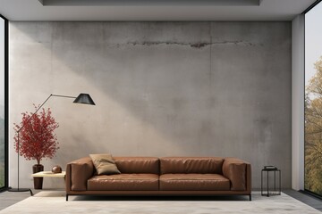 Contemporary living room with an empty gray wall for artwork