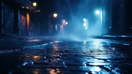 Fototapeta na wymiar Dark street wet asphalt reflection of ray