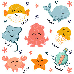 Set with hand drawn sea life characters. Funny sea animals big set. Fish and wild marine animals are isolated on white background. Vector doodle cartoon set of marine life objects for your design.