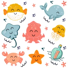 Fotobehang In de zee Set with hand drawn sea life characters. Funny sea animals big set. Fish and wild marine animals are isolated on white background. Vector doodle cartoon set of marine life objects for your design.