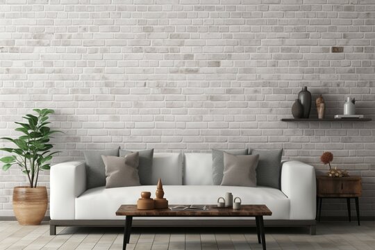 Contemporary living room with an empty gray wall for artwork