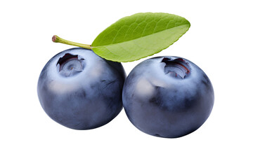 Two blueberries with green leaves isolated on transparent background PNG